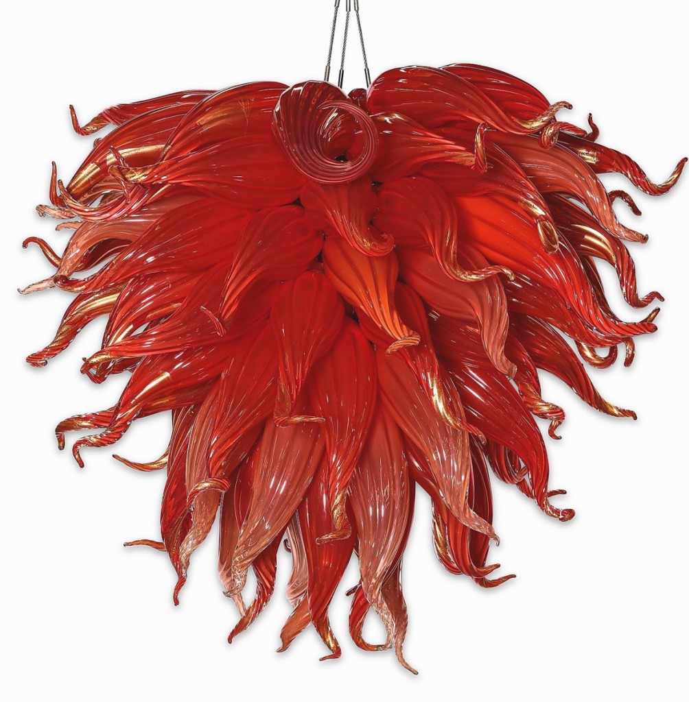 This red ochre chandelier by Dale Chihuly (American, b 1941) stood 38 inches high and was accompanied by authentication documentation; it sold to a private collector in Florida, for $45,000 ($40/60,000).