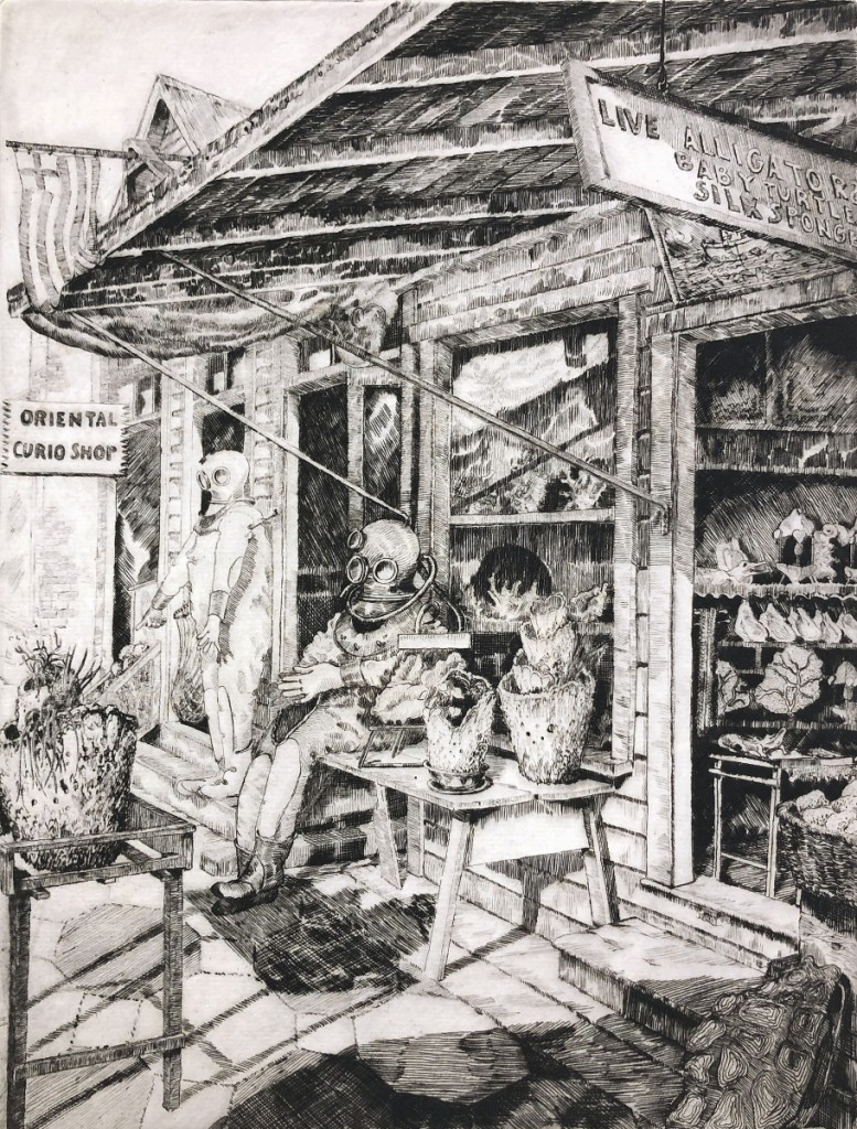 Florida etcher Walter Ronald Locke (1883-1949) created “Curio Shops — Tarpon Springs, Florida,” in 1935. The 10¼-by-7¾-inch etching was bid to $3,000.