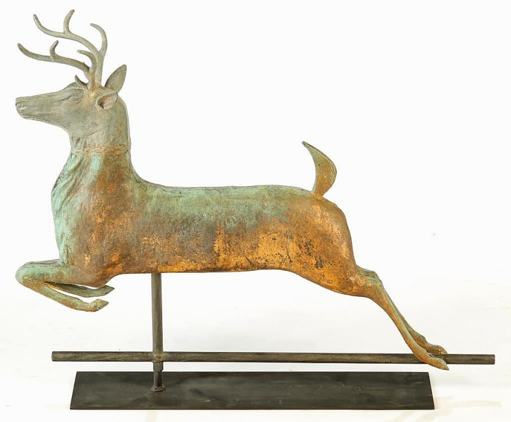 What would be more seasonally appropriate than a stag weathervane? This example, attributed to E.G. Washburn, Middleton, Mass., was full-bodied in copper with a zinc head and antlers that a buyer in the Southern United States chased to $10,000 ($4/6,000).