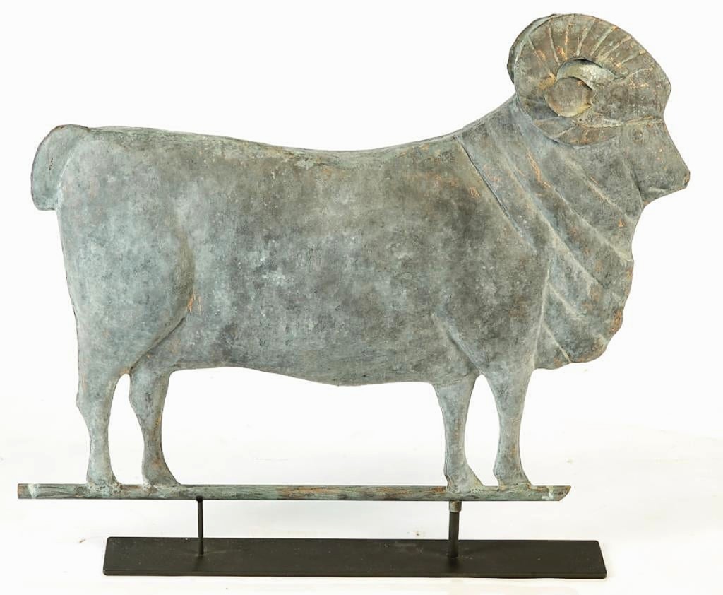 Leading the sale was this American full-bodied copper ram weathervane by L.W. Cushing & Sons, Waltham, Mass., that a buyer in the Midwest purchased for $11,250. Jeffers said the 28-inch-high example was distinguished as “a scarce form in a wonderfully large scale with intact ears” ($4/8,000).