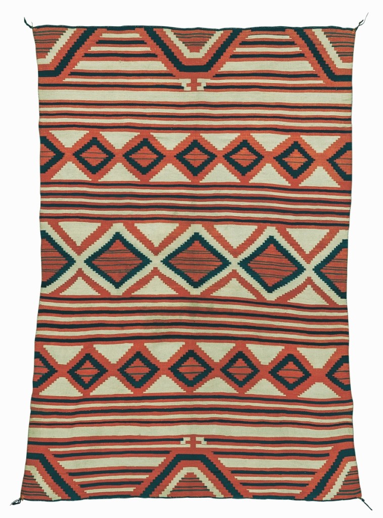 At $237,500, the Claflin Navajo serape was the star of the sale. It may have gone back as far as 1863 and was tightly woven of handspun churro fleece with all natural dyes. It was a classic example of the design and had a known and respected provenance.
