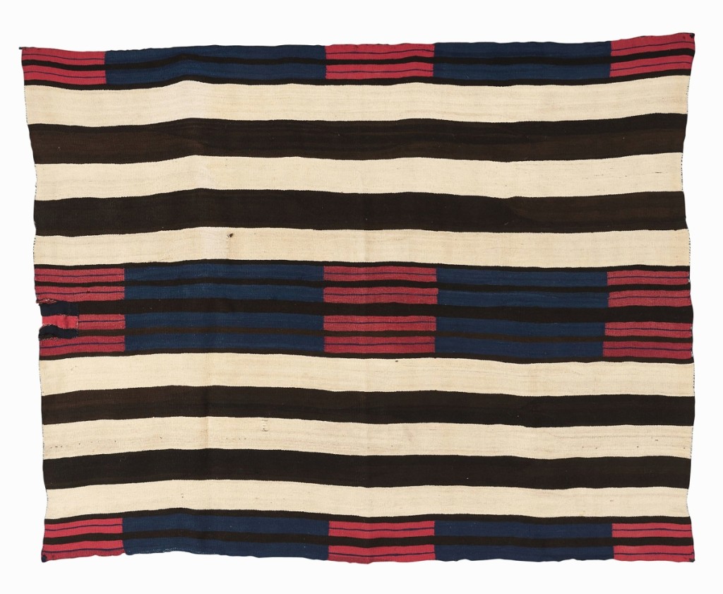 The second highest price of the day, $87,500, was earned by this classic Navajo man’s wearing blanket. The natural dyes had been tested and the certificate from Thomas Jefferson University was included.