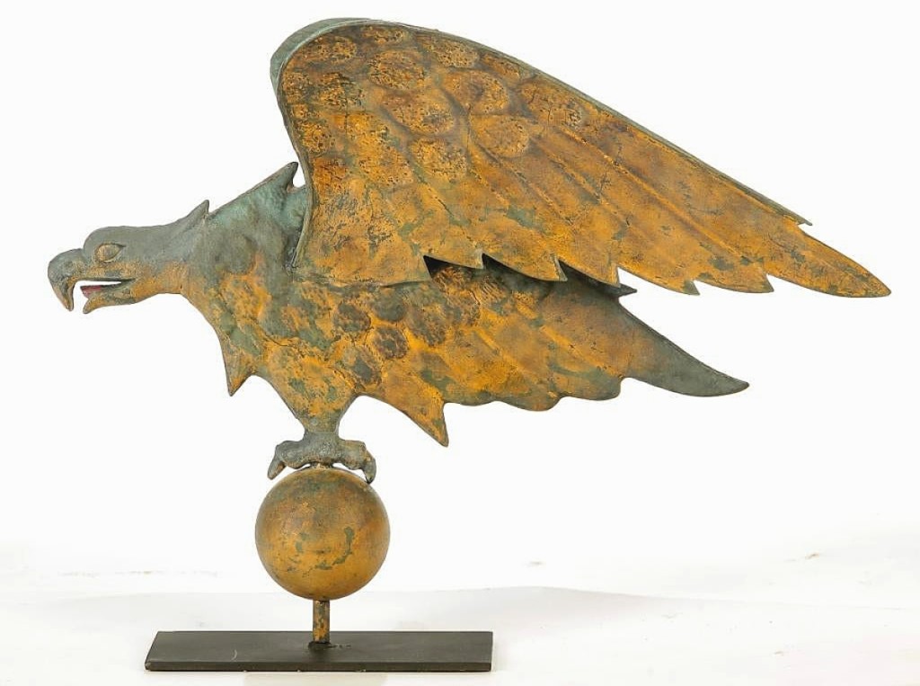 Flying into third place and bringing $9,375 from a buyer in the Mid-Atlantic was this American copper eagle weathervane with zinc head, made by A.L. Jewell, Waltham, Mass., that Jeffers said was “a wonderful form, with exceptional surface and one of the best by that company I’ve seen in a long time” ($ ,000).