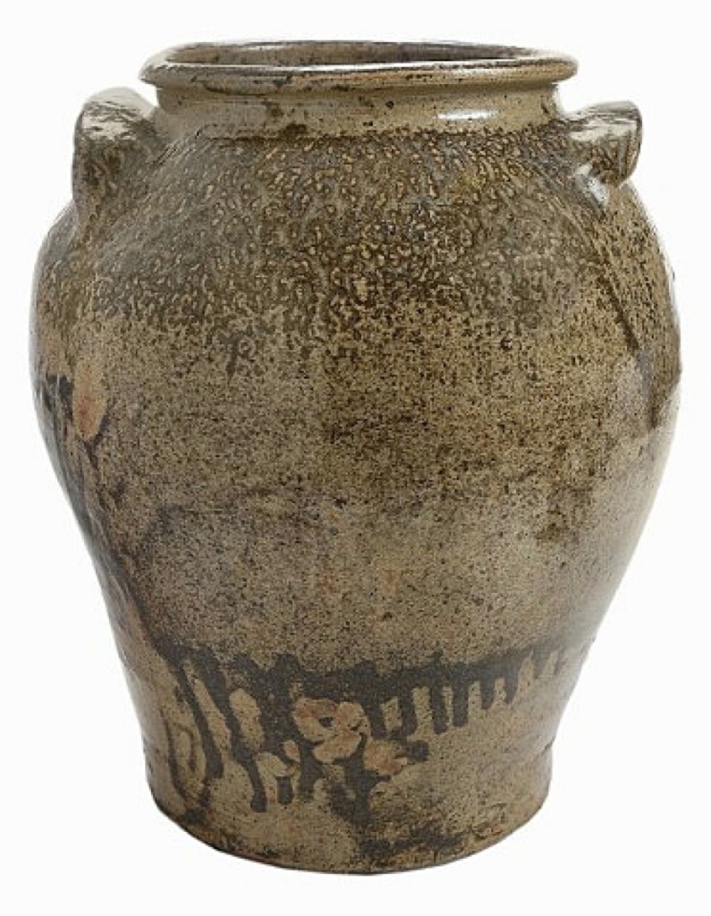 This inscription jar predates the period when Edgefield, S.C., potter Dave Drake was signing his works, but there was no question that it was by his hand. It now holds the auction record for any work made by him. Several aspects drove the price but, in the end, the inscription and early date of 12 April 1836 were the most critical factors. An American institution on the West Coast, bidding on the phone, acquired it for $369,000 and underbid by another institution. Wingard collection. ($40/60,000).