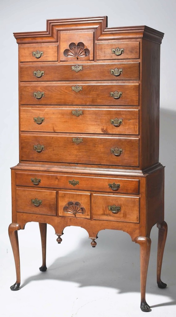 From Litchfield County, this most unusual highboy brought $12,000. Circa 1780, it may have come from the workshop of Elisha Booth and it was included in the 1969 exhibit of Litchfield County furniture at the Litchfield Historical Society.