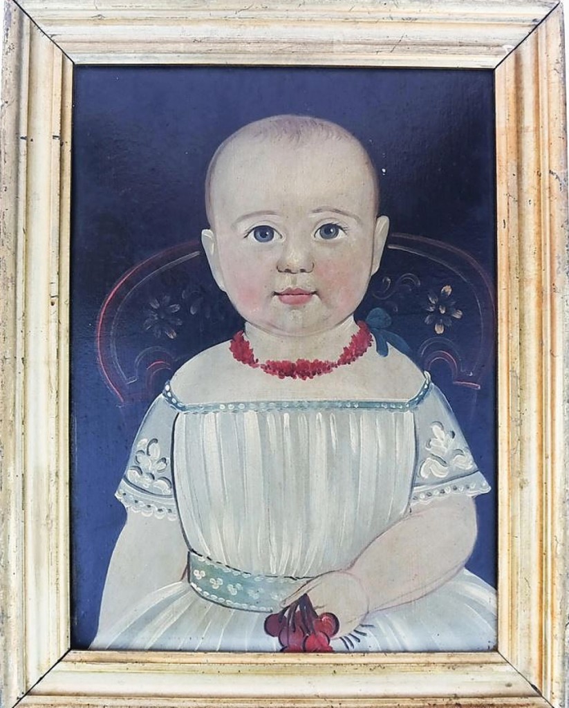 There was no signature on this oil on board folk art portrait of a child, but it was attributed to Sturtevant J. Hamblin (American, 1835-1855) or William Matthew Prior (American, 1806-1873). Housed in a gilt-edged frame, the 13½-by-10-inch painting was the sale’s second highest selling lot, bringing $12,500.