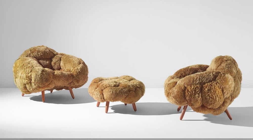 By Fernando and Humberto Campana, this pair of “Bolotas” armchairs and ottoman, 2015, settled at $107,100.
