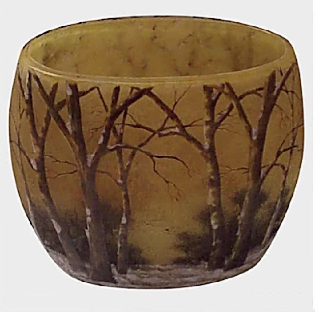 This Daum “Winter Scene” cameo glass vase, circa 1910, was being offered by Richard W. Bell, Orange, Calif. A popular scene as well as a popular shape, its fall colors with the first snow resonated with the season. “In my opinion, no one does cameo glass better than Daum,” said Bell.