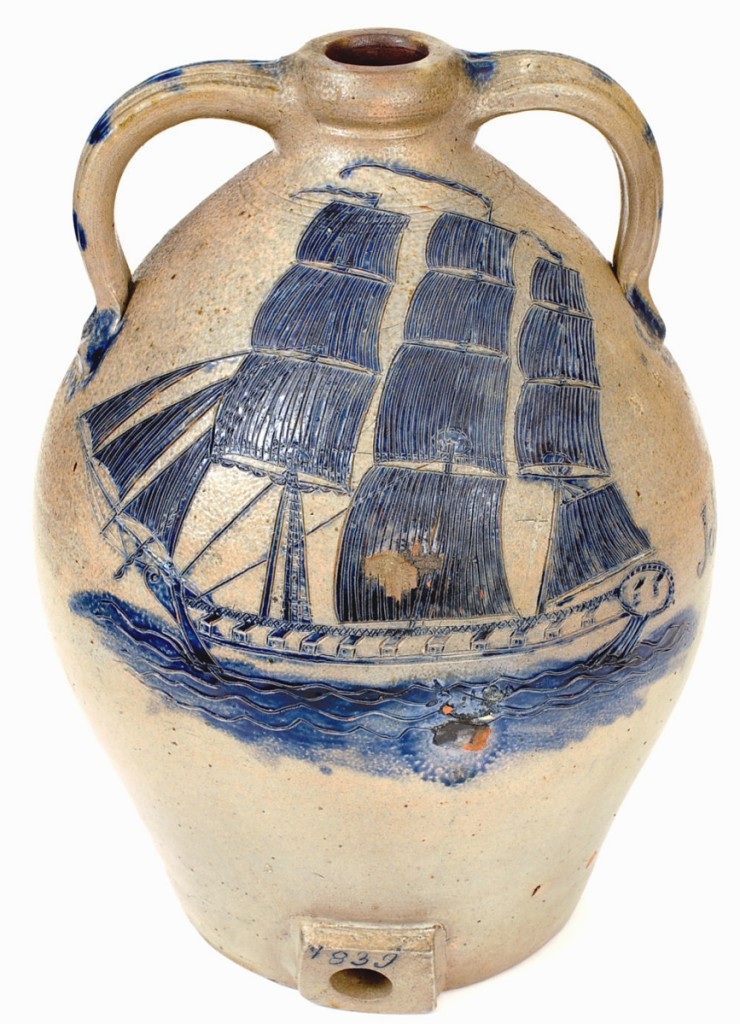 The sale’s top lot at $252,000 was this stoneware cooler attributed to South Amboy, N.J., potter Abial Price. It is only the sixth piece of stoneware to crack the $200,000 mark at auction and a record for New Jersey stoneware. The piece is dated 1839 and features the name of “John B. Wilson,” to whom it was likely presented. The firm said it was the finest sailing vessel design they had ever seen on a piece of pottery, notable for the incising on the ship, sails and water.