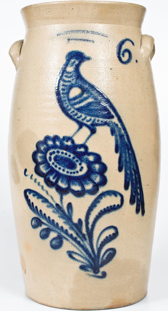 Rochester, N.Y., pottery was hot with two examples blowing through their estimates in this sale, this churn from Harrington & Burger selling for $48,000. Mark Zipp said, “Burger is considered a master of sliptrail decoration. For people who are real students of Rochester stoneware, they recognized how rare that bird design was; there are only four or five pheasants known by him. It’s rare.”