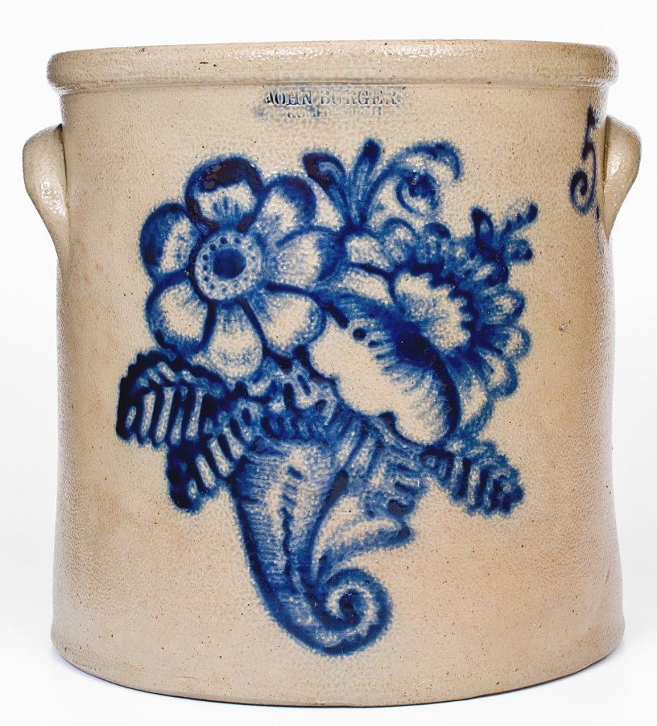 Taking $26,400 was this 5-gallon stoneware crock from Rochester, N.Y., potter John Burger. Two dedicated collectors pushed it well beyond the $6,000 high estimate, due in part to the fact that the design is a rare one for the potter.