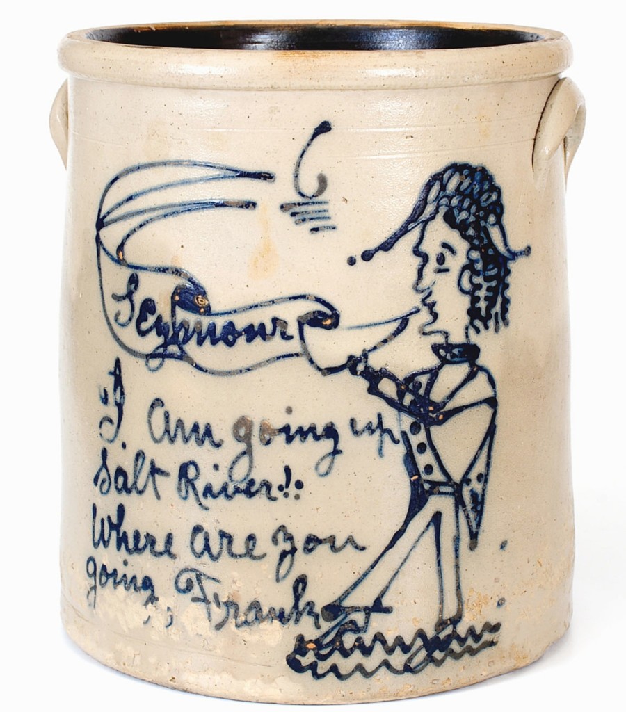 Rising to $20,400 was this 6-gallon stoneware crock from Ohio. It features New York Governor Horatio Seymour wading into Salt River with the inscription “I am going up Salt River! Where are you going, Frank.” Both Seymour and his running mate Francis “Frank” Blair ran as Democrats on a distinctly racist platform in the 1868 election, the first since both the abolition of slavery and also the first where Black people could vote. The phrase “Going Up Salt River” was a euphemism for political loss, a path to nowhere and oblivion. Ulysses S. Grant swept Seymour in a 214-80 electoral decision.