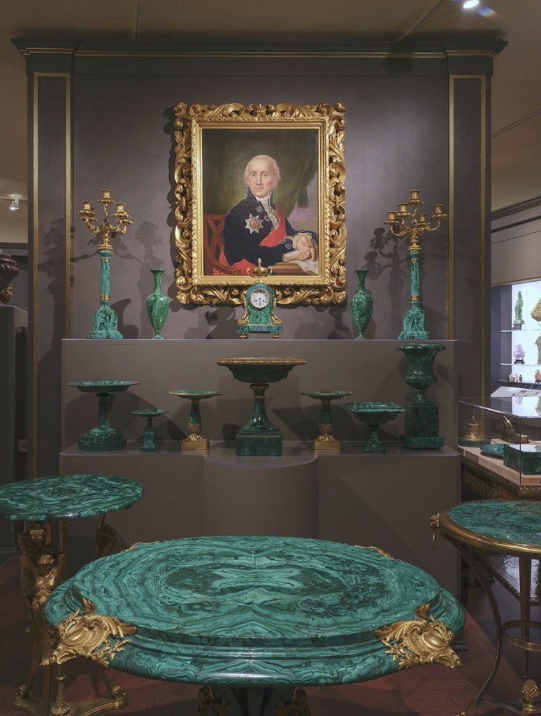 In one section of the galleries, the exhibition has gathered objects from Marjorie Merriweather Post’s stunning “Malachite Room,” a display filled with decorative pieces carved in Russia from the vivid green stone mined in the Urals — at center, a Saint Petersburg clock made circa 1876 and a tall Russian tazza from the 1830s.