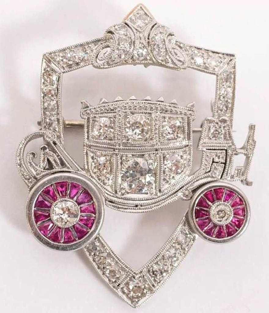 A piece of Detroit history was found in this platinum brooch with diamonds and rubies featuring the emblem of the Fisher Body Coach. It was given to Bertha “Sally” Meyers Fisher by her husband, Frederick J. Fisher, one of the company’s founders. General Motors bought a controlling interest in the company about 11 years after it released its first enclosed-coupe for the burgeoning automobile industry. The brooch was a leader in the sale when it sold for $67,100 to a Detroit buyer.