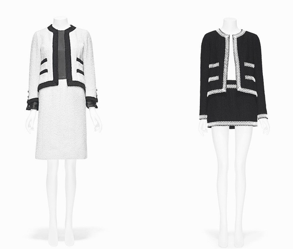 (Left) Gabrielle Chanel (French, 1883-1971). Suit, spring/summer 1963 haute couture. Gift of the Brooklyn Museum, 2009, Gift of Jane Holzer, 1977; (right) Karl Lagerfeld (French [b Germany], 1933-2019) for House of Chanel (French, founded 1913). Suit, spring/summer 1994. Courtesy of Chanel Patrimoine Collection, Paris.