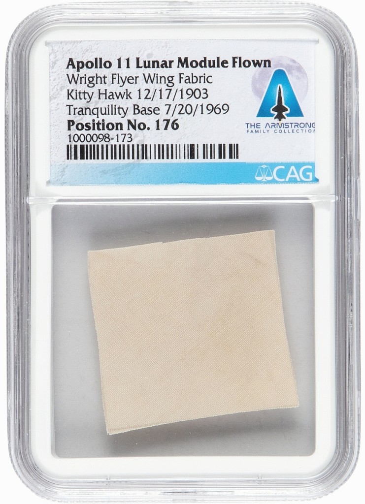 The sale’s top lot was a piece of fabric that, in the words of Michael Riley, represented “the first steps to the moon.” It was a 1¼-inch-square piece of muslin from the wing of the Wright brothers flyer that flew the first successful powered controlled flight in history at Kitty Hawk in 1903. The piece was then stowed aboard the Apollo 11 lunar module in the first aircraft to land on the moon with Neil Armstrong and Buzz Aldrin, the former whose personal collection this came from. It took $81,250.