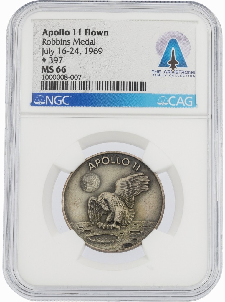 Taking $62,500, the highest of any medal in the sale, was a graded MS 66 NGC sterling silver Robbins medallion from the Armstrong collection. It was one of 450 to fly aboard Apollo 11.