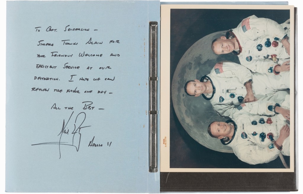 Bringing $42,500 was this personal autograph letter and photo album from Neil Armstrong to USS Hornet Captain Carl J. Seiberlich. The album included Apollo 11 “Type 1” photos, a number of them in the desirable “red number” variety. The auction house wrote, “These came from Neil Armstrong’s collection and were given to the Naval officer in charge of rescuing them from the ocean, getting them quarantined, and transporting them to Hawaii. Everyone associated with Heritage that has seen this item have all proclaimed it to be one of the coolest Apollo 11 items ever (and we have seen them all).”