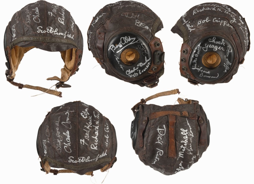 One World War II leather flying helmet seen five ways demonstrates the amount of signatures — 19 of them — from renowned aviators. Among them were the a slew of astronauts from Apollo and Gemini missions but also pilots like Chuck Yeager, the first pilot to break the sound barrier. From the Lee Nunn collection, it sold for $32,500.