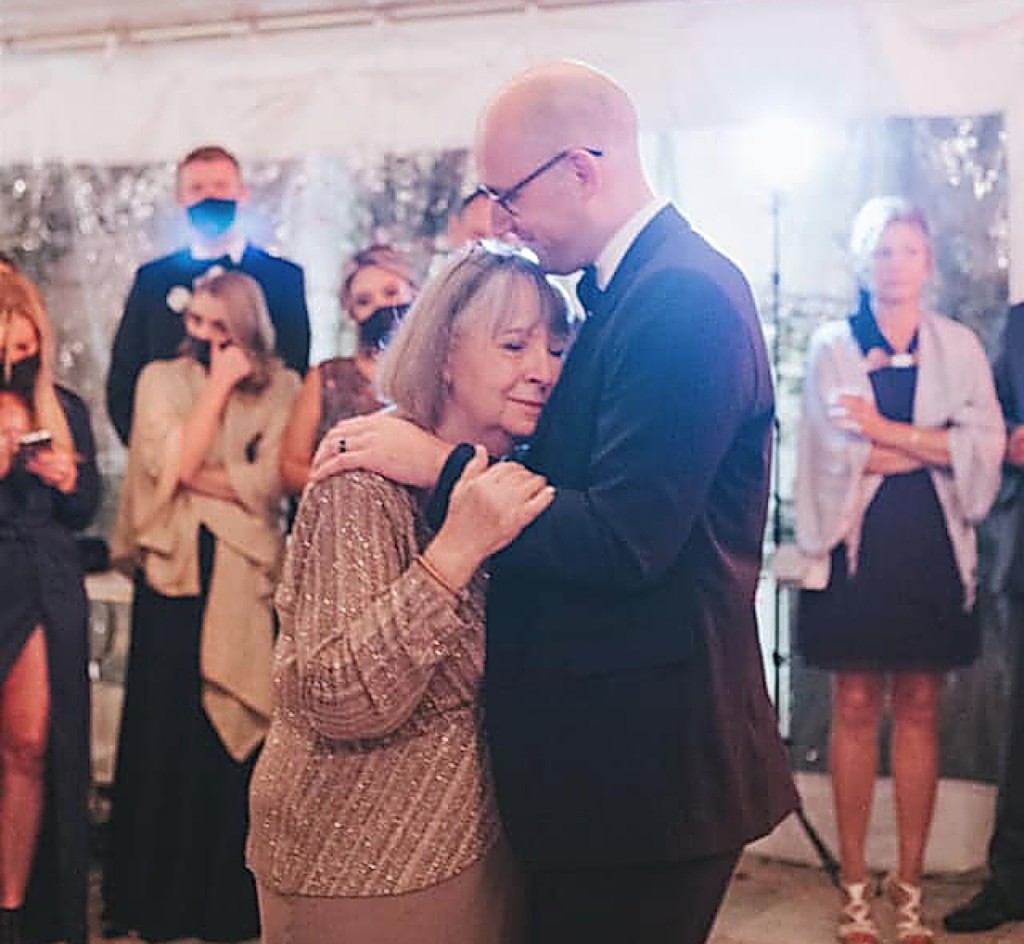 Joyce and Bill Jr in mother-son dance at their son’s wedding in October 2020.