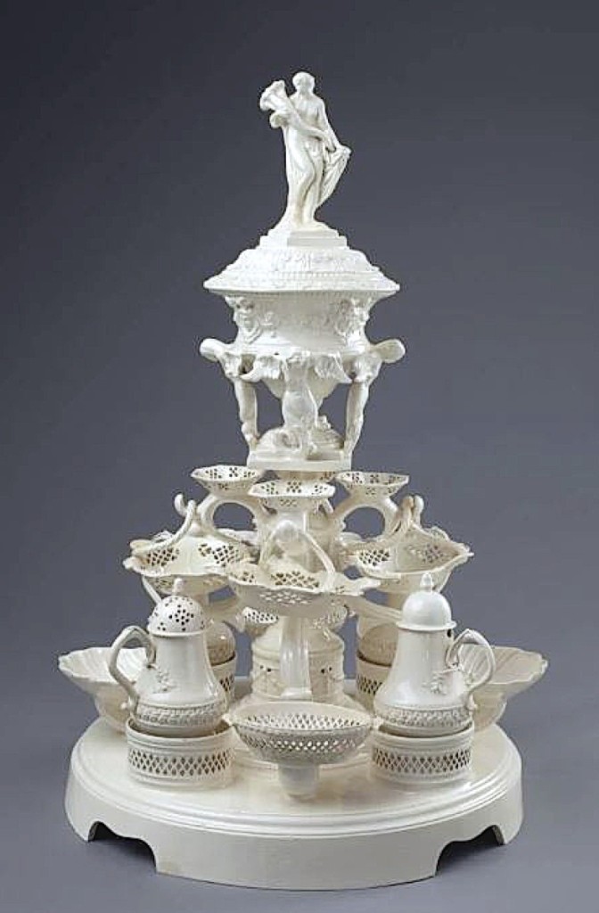 The sale found its top lot in a creamware epergne surmounted by the Neoclassical figure of Plenty. It brought $23,040. The three-tiered epergne is a star among creamware examples, this one rising 23¾ inches and complete with dishes and serving pieces. Keno referenced a near identical example in Joseph R. Kidson’s 1892 Historical Notices of the Leeds Old Pottery.