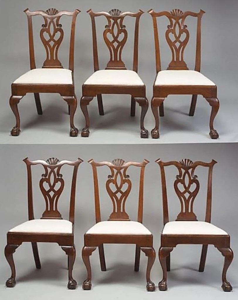 Highest among the furniture lots was an intact set of six Chippendale walnut shell-carved chairs. They dated to circa 1770 in Philadelphia. Keno wrote, “Intact sets of American Colonial chairs are very rare. The fact that this set has survived in such excellent condition is remarkable. The original slip-seat frames come with the chairs; the present slip seats were made using modern wood to preserve the integrity of the original frames.” The set would sell for $15,360.