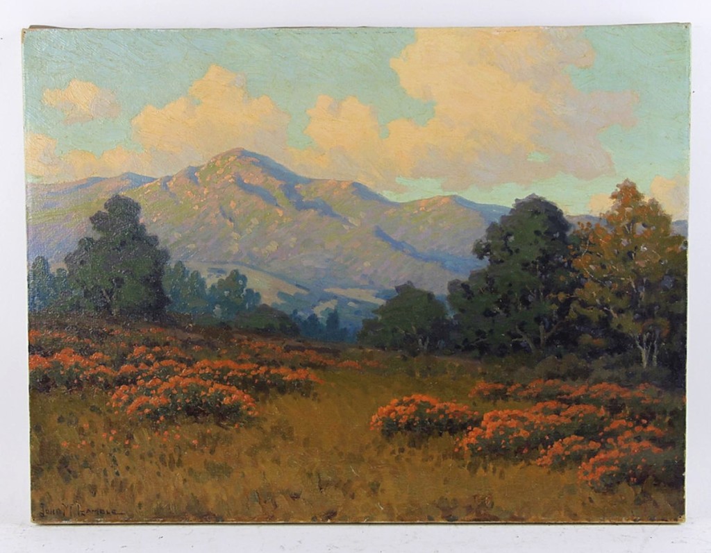 “That was a surprise. It was a beautiful, untouched painting, in great condition.” John Marshall Gamble’s mountain landscape with poppies brought $28,750 from a private collector in Southern California, the highest price of the weekend ($12,5/15,000).
