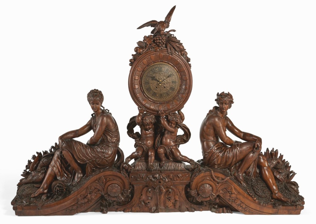 Can you imagine using a piece of civic architecture as a headboard? That was exactly how this monumental Continental Neoclassical-style stained walnut figural overdoor clock was used by its previous owners. An international collector, bidding online, may find a new purpose for it; it brought $50,000, the top price in the sale ($15/20,000).