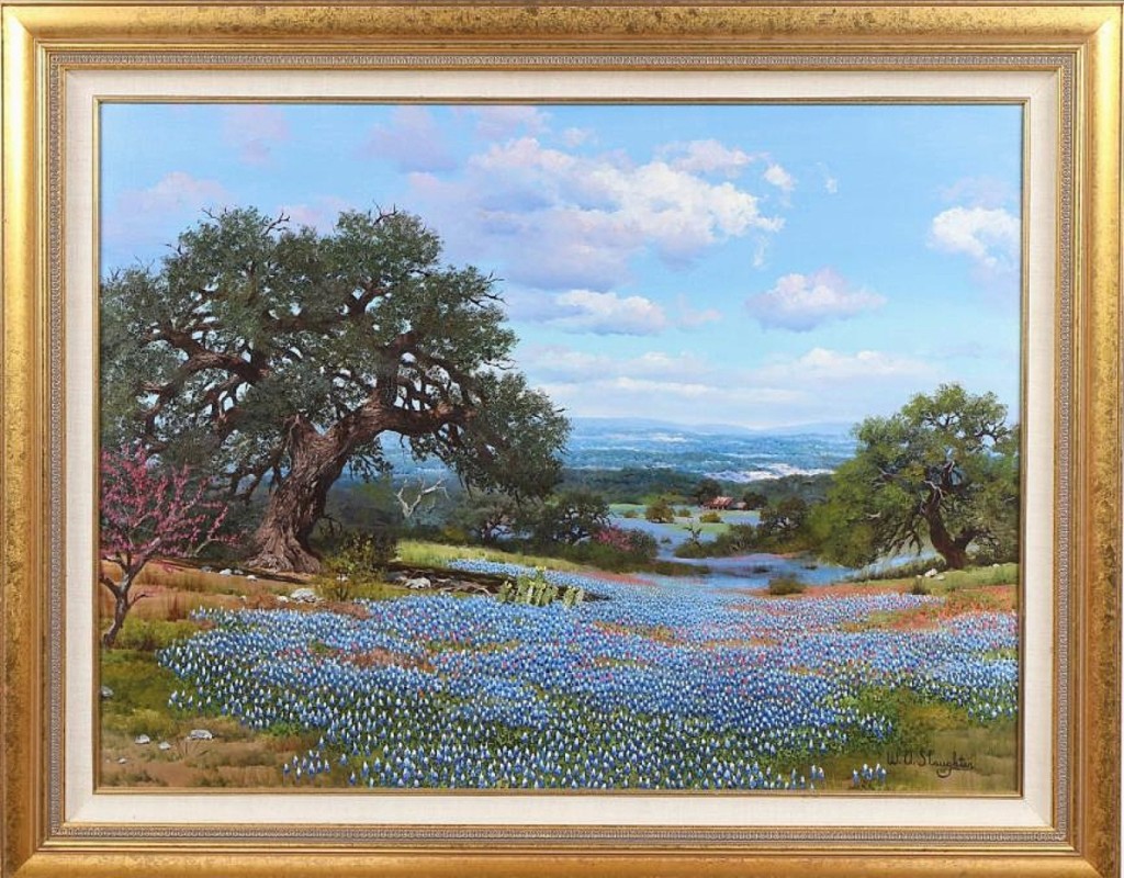 The auction’s top lot was this oil on canvas painting by Texas artist William Slaughter. Wildflower landscapes and images of fields of bluebonnets are among the artist’s most popular scenes and this 30-by-40-inch work sold for $12,915. Slaughter was a Lutheran pastor who began creating art while on a mission in Mexico. His talents traveled with him back to Dallas where he lived the rest of his life.
