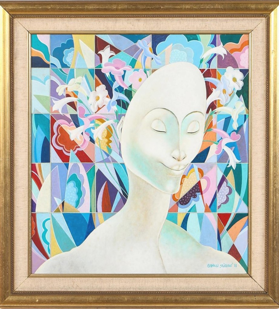 Among the works from Haitian artist Bernard Sejourne (1947-1994) came this colorful portrait of a figure with flowers appearing as hair behind her. The 21½ by 19½ oil on board, dated 1993, sold for $5,120.