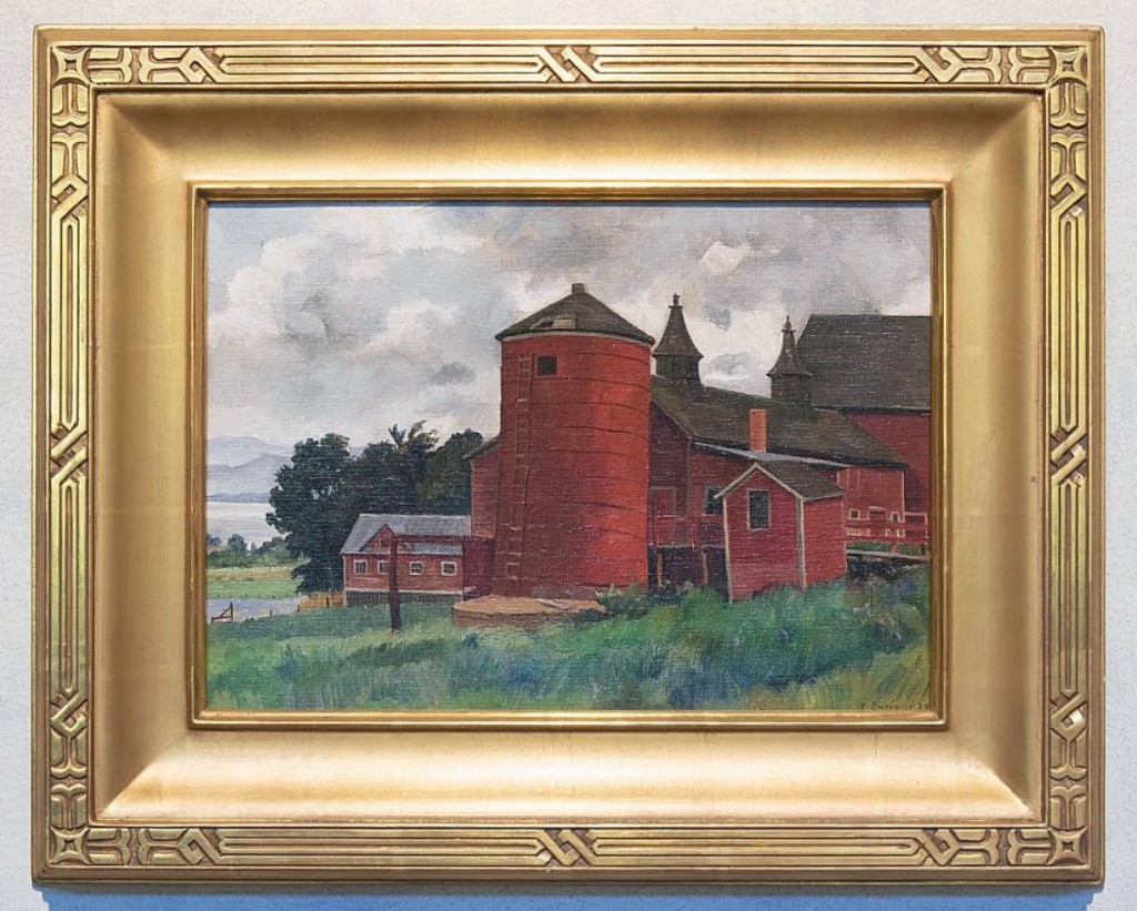Depicting the Bostwick barns on Lake Champlain in Shelburne, Vt., was Luigi Lucioni’s 10-by-14-inch oil on board. The 1937 painting sold as the sale’s top lot at $10,445.