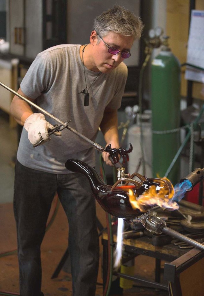 Preston Singletary in the hot shop. The Tlingit glass artist is featured in several Craft in America episodes as well on Crafts in America’s websites.                                       —Russell Johnson photo