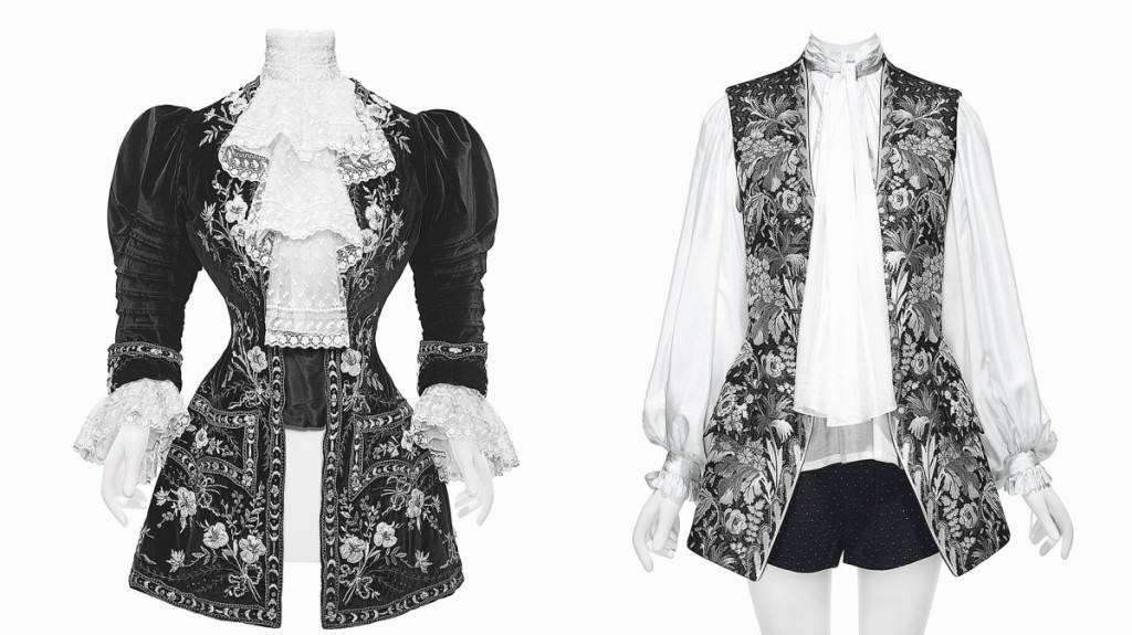 (Left) Morin Blossier (French). Riding jacket, 1902. The Metropolitan Museum of Art, New York. Gift of Miss Irene Lewisohn, 1937; (right) Nicolas Ghesquière (French, b 1971) for Louis Vuitton (French, founded 1854). Ensemble, spring/summer 2018. Courtesy of Collection Louis Vuitton.