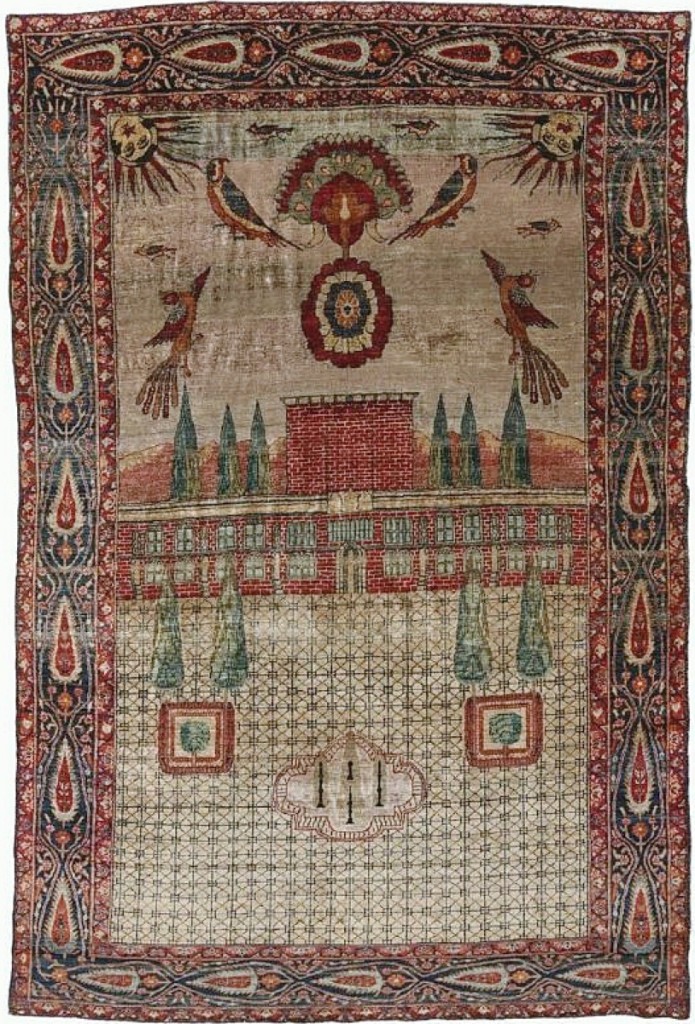 The sale’s top lot at $35,400 was a Joshegan silk prayer rug, circa 1800. It had been published in the 1913 title, The Practical Book of Oriental Rugs by George Griffin Lewis. Measuring 68½ by 46 inches, the rug features among a palace and courtyard, images of Simurgh birds, the benevolent, mythical bird in Iranian mythology.