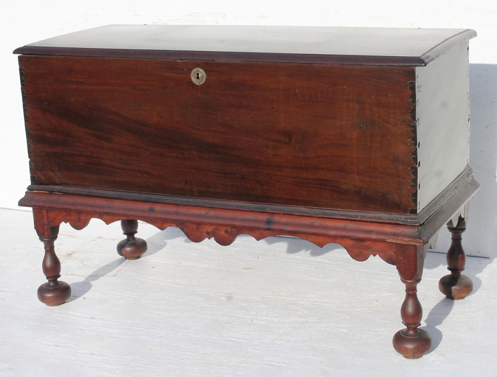 The circa 1680 chest-on-frame topped the selection of early furniture. Constructed of mahogany, cypress and satinwood with an old finish, it realized $4,800.
