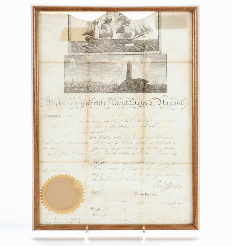 “That was an interesting artifact,” Ward said of Thomas Jefferson’s ship’s passport, which was dated April 1805 and countersigned by James Madison (1751-1836). A San Diego, Calif., private collector won it for $5,000 ($3/5,000).