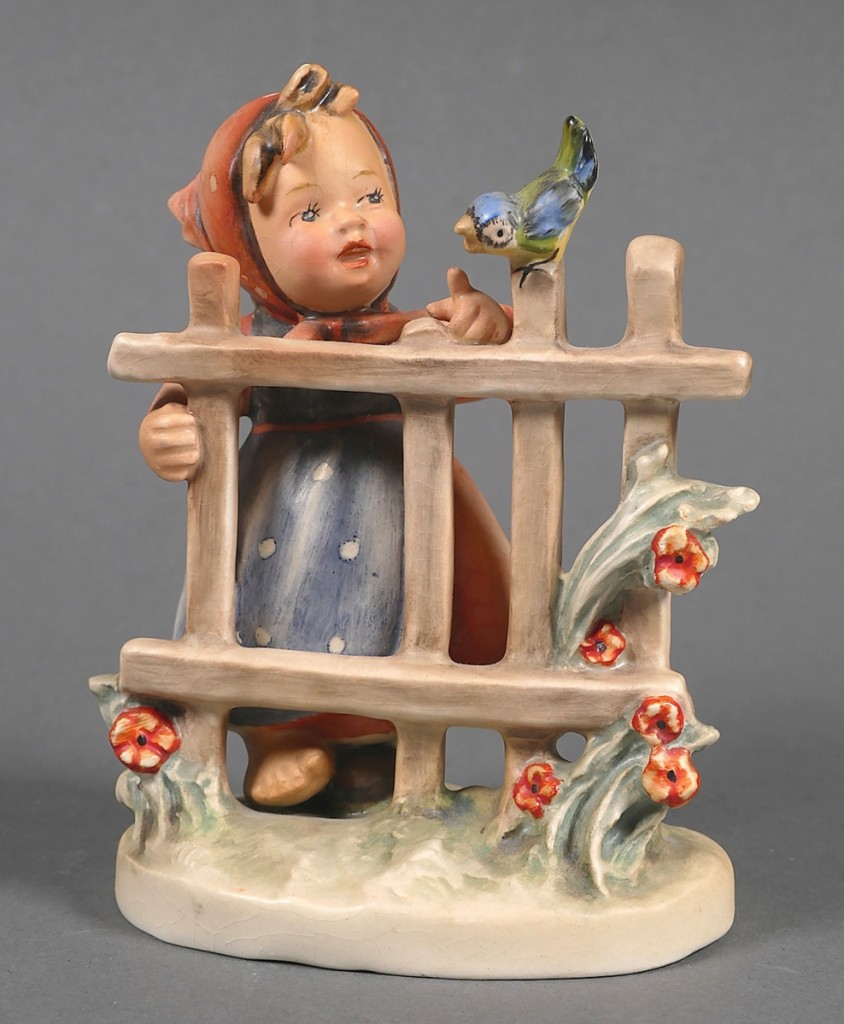 “Signs of Spring” is a Hummel rarity. It has four posts in the fence, which the girl is leaning on rather than the normal three posts. Inscribed by hand, Hum No. 203 and with backstamp “(c) W Goebel, RIM (painter) and full bee,” the approximately 5¼-inch-tall figurine topped the sale at $6,490.