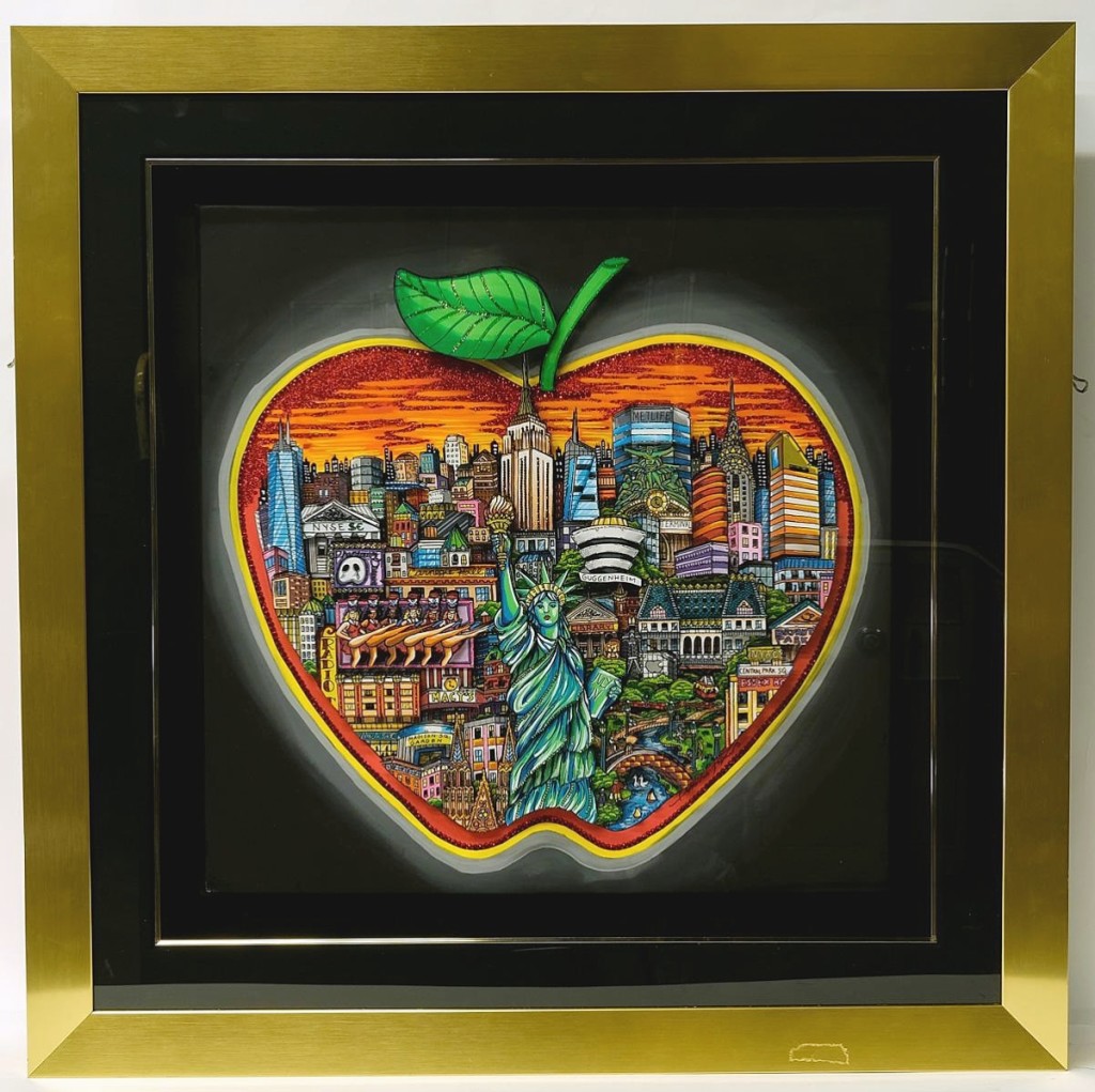 A buyer in Germany who acquired a few works by Charles Fazzino paid $9,840 for “New York: Big Apple,” which measured 47½ by 47½ inches and was embellished with Swarovski crystals ($4/6,000).