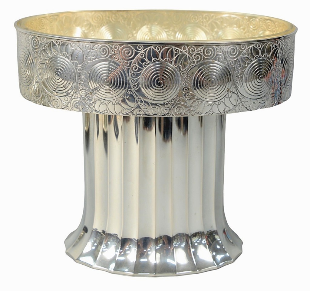 Leading the silver offerings was this Hans Bolek (1890-1978) pedestal fruit bowl made by Eduard Friedmann, Vienna, which brought $17,500 against its $ ,000 estimate.