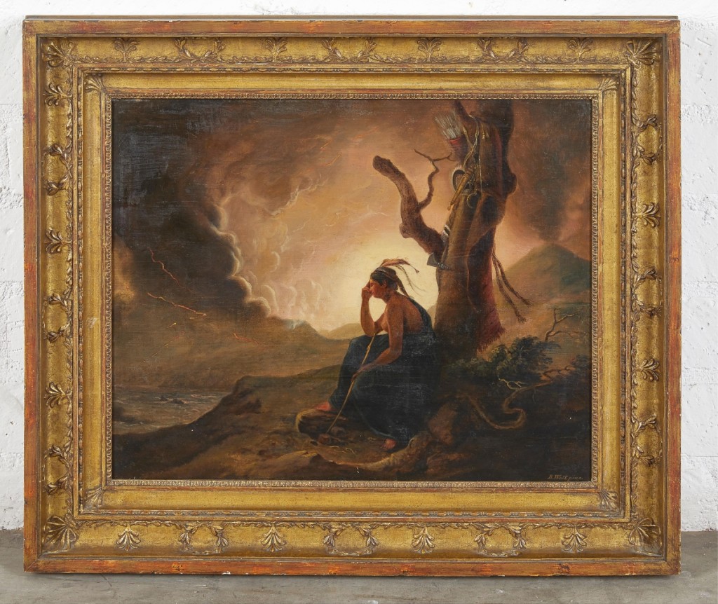 The top lot in the sale was this painting of a Native American, done in the style of Benjamin West (American, 1738-1820) on a cradled panel that measured 16½ by 20½ inches. It sold for $16,250 to a private collector in London, bidding online ($800-$1,200).