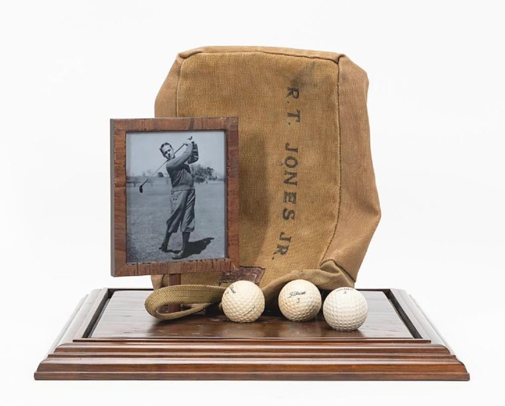 An Atlanta collector, who received this canvas range bag from Atlanta golfer and United States Open Championship winner Bobby Jones, received it from Jones in 1953 after watching him at his last practice. An American collector drove it home for $27,225 ($25/50,000)