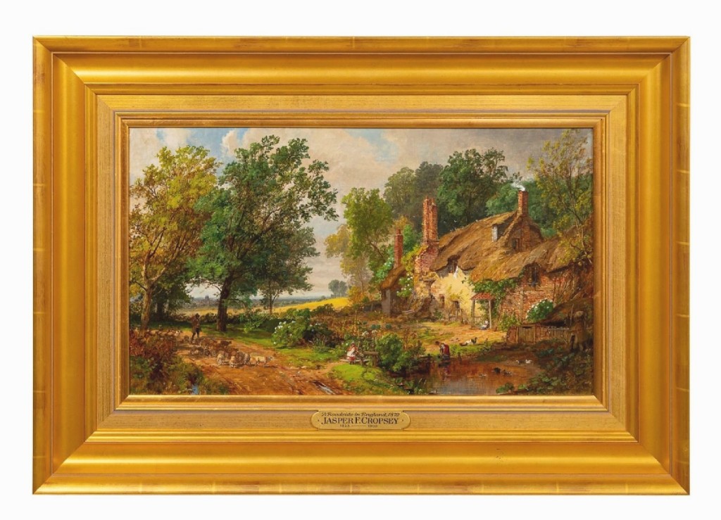 Jasper Cropsey’s “A Roadside in England” was done in 1879 and had been exhibited at both the New Britain Museum of American Art and The Frick Art and Historical Center in Pittsburgh, Penn. A buyer bidding online won it for $27,225 ($40/50,000).