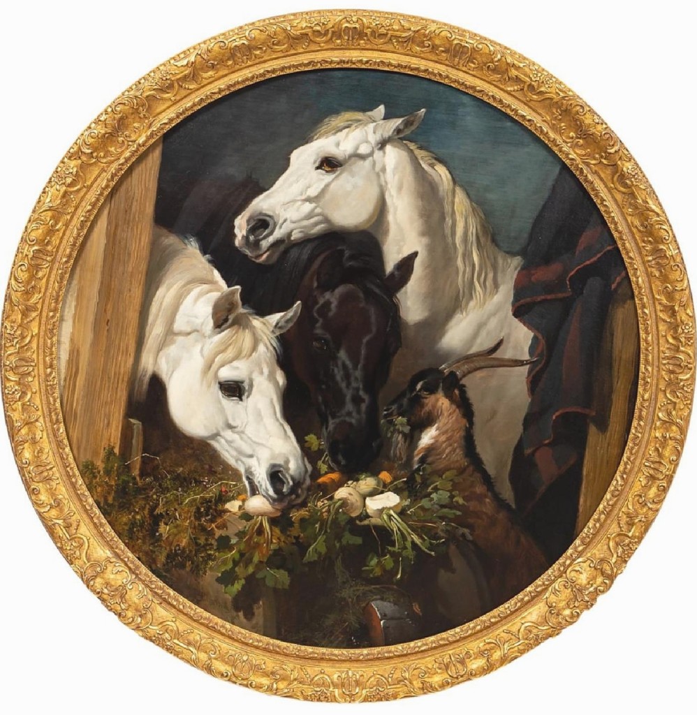 The top lot of the Warner sale was this “archetypal, sensational” work by John Frederick Herring Sr (British, 1795-1865) titled “Horses and Goat Eating Turnips and Carrots.” The painting had provenance to Geraldine Rockefeller Dodge. A phone bidder outlasted online competition and acquired it for $60,500 ($90/120,000).