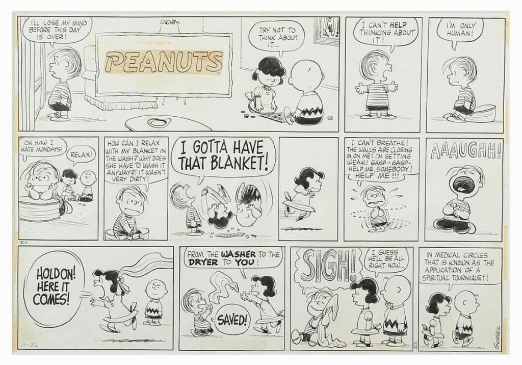 If you’re loooking to acquire an original Charles Schulz Peanuts comic strip, the Sunday examples are choice. The sale included one that featured Lucy and Linus Van Pelt, and Charlie Brown and was dated 11-29-59; it brought $39,975 ($30/50,000).