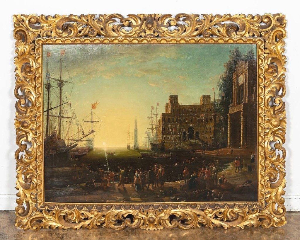 A stunning Florentine frame embellished this large Eighteenth or Nineteenth Century Mediterranean port scene from the Italian school. It sold to an American buyer for $19,360 ($4/6,000).