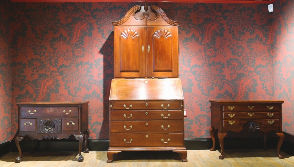 Anchoring this vignette at center is a 1790 two-shell secretary in mahogany made and signed by Warren, R.I., maker Ichabod Cole.