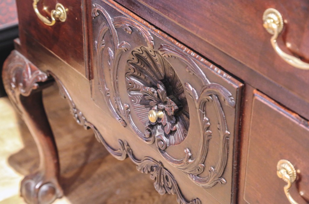 Detail of the William Parsons family Chippendale lowboy.   Parsons was a geographer and served as Surveyor General   of Philadelphia following his role as the Librarian of the   Philadelphia Library. Mahogany, circa 1775.