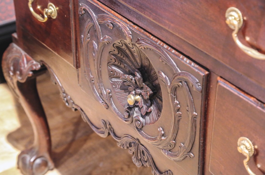 Detail of the William Parsons family Chippendale lowboy. Parsons was a geographer and served as Surveyor General of Philadelphia following his role as the Librarian of the Philadelphia Library. Mahogany, circa 1775.