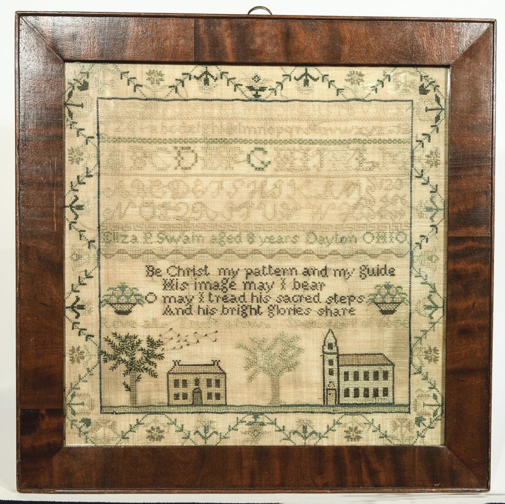 Worked by Eliza Swain of Dayton, Ohio when she was 8 years old, this sampler would go on to produce $9,300. Wagner Collection.