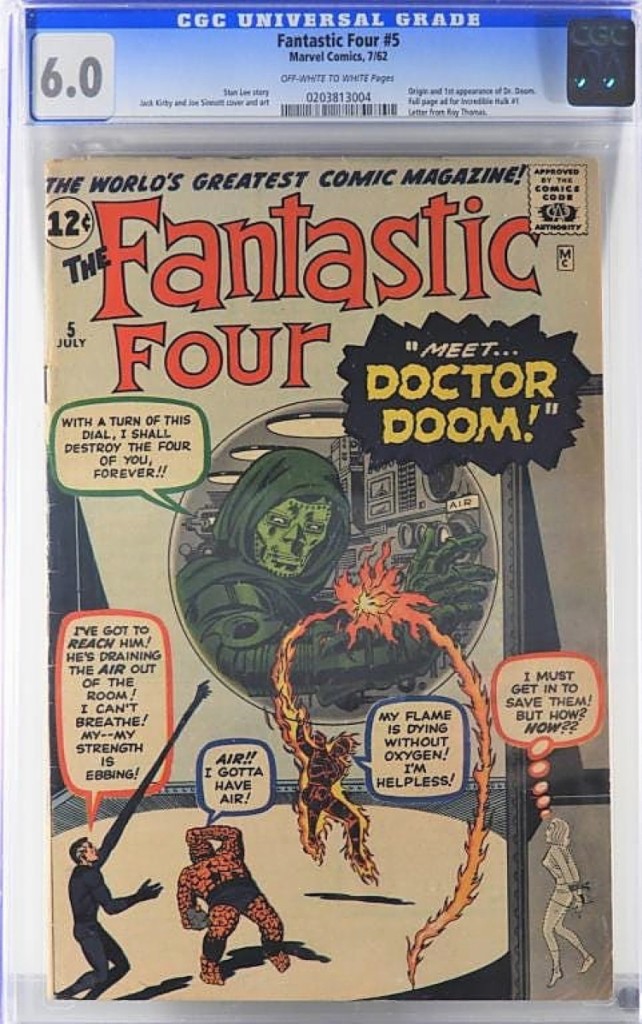 Rising to $11,400 was a Fantastic Four #5 in CGC 6.0. It featured the origin and first appearance of Dr Doom and a full-page ad for the Incredible Hulk #1. The result was a 43 percent rise in value over the previous record in this grade.